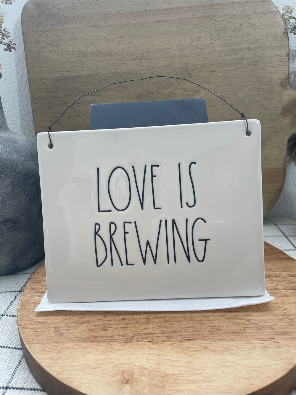 SALE! NEW Rae Dunn Cream Ceramic Hanging Sign with Black Wire 7.6” x 6”
